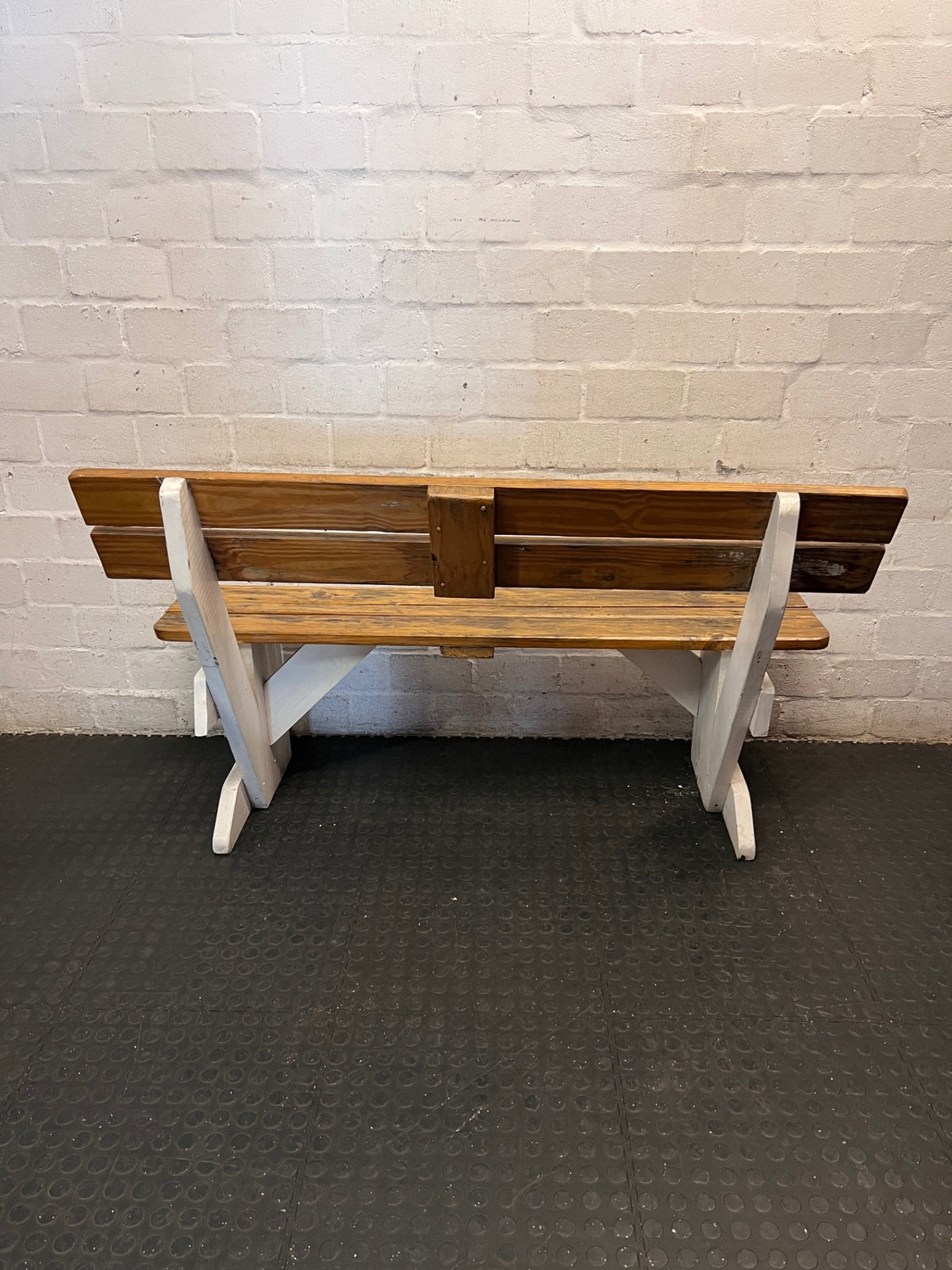 Golden Brown and White Wooden Garden Bench — Weather Soiled Wood Surfaces – condition detail