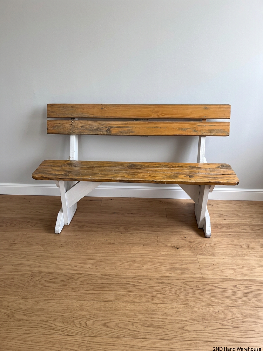 Golden Brown and White Wooden Garden Bench — Weather Soiled Wood Surfaces – styled product image