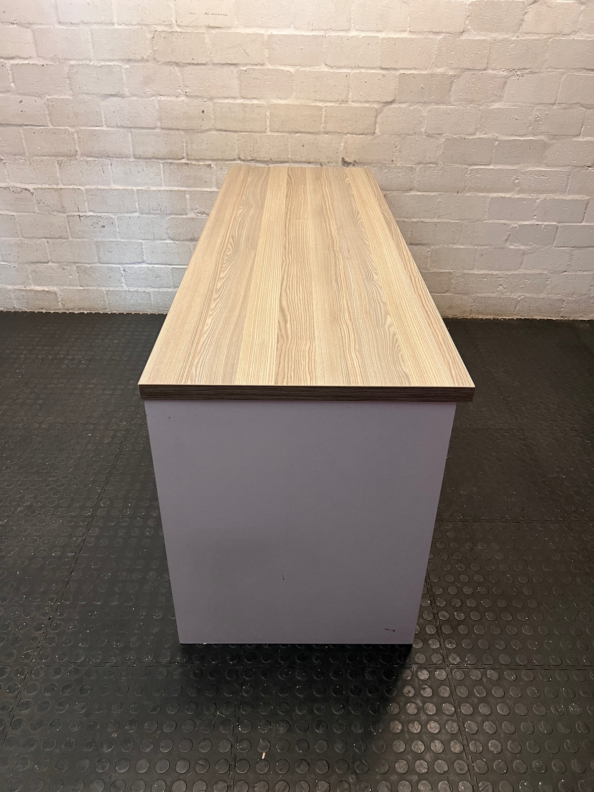 Large Four-Door Office Credenza in Wood Grain and White – top view