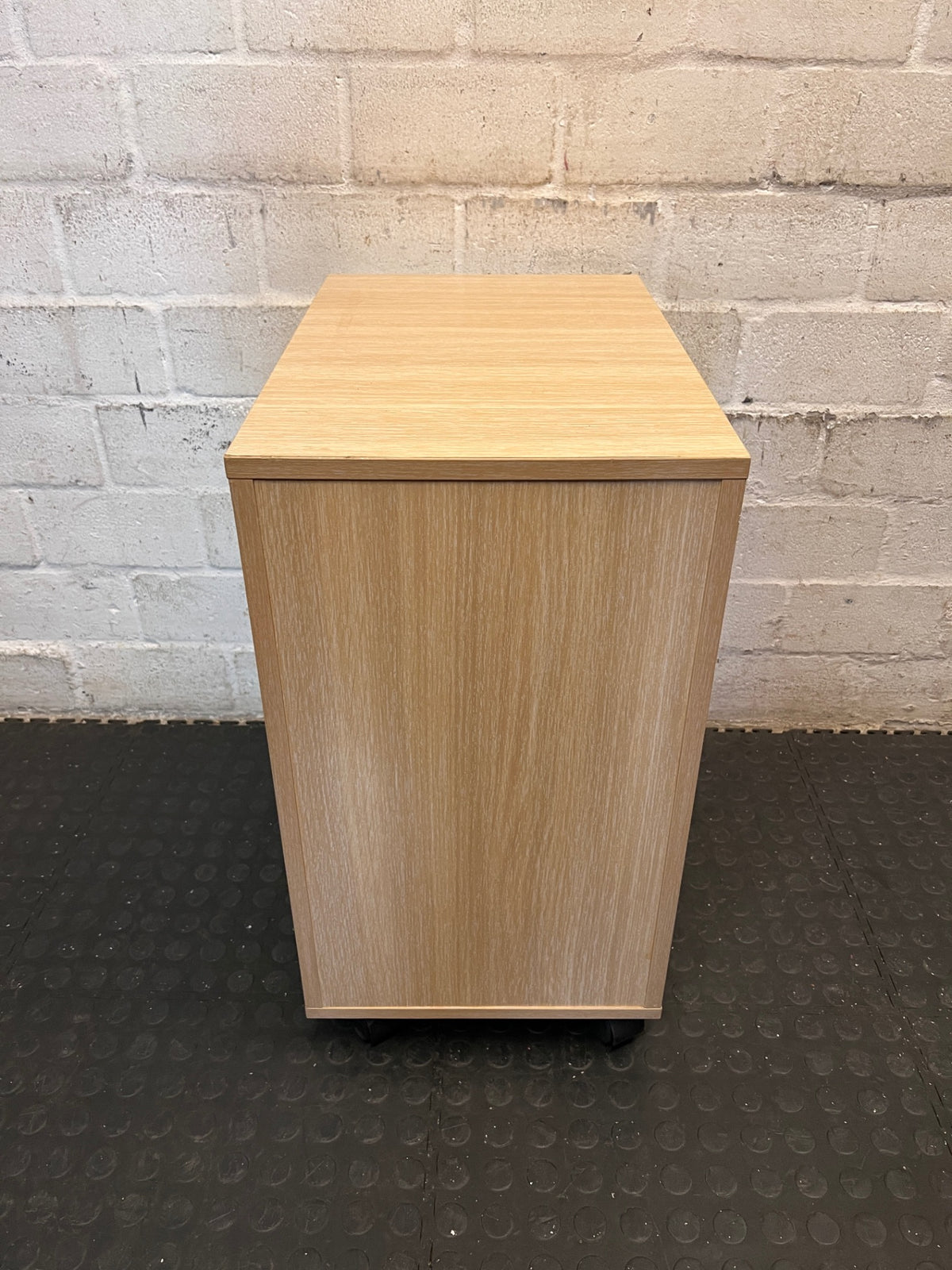 Three-Drawer Mobile Office Pedestal with Wood-Look Top – back view