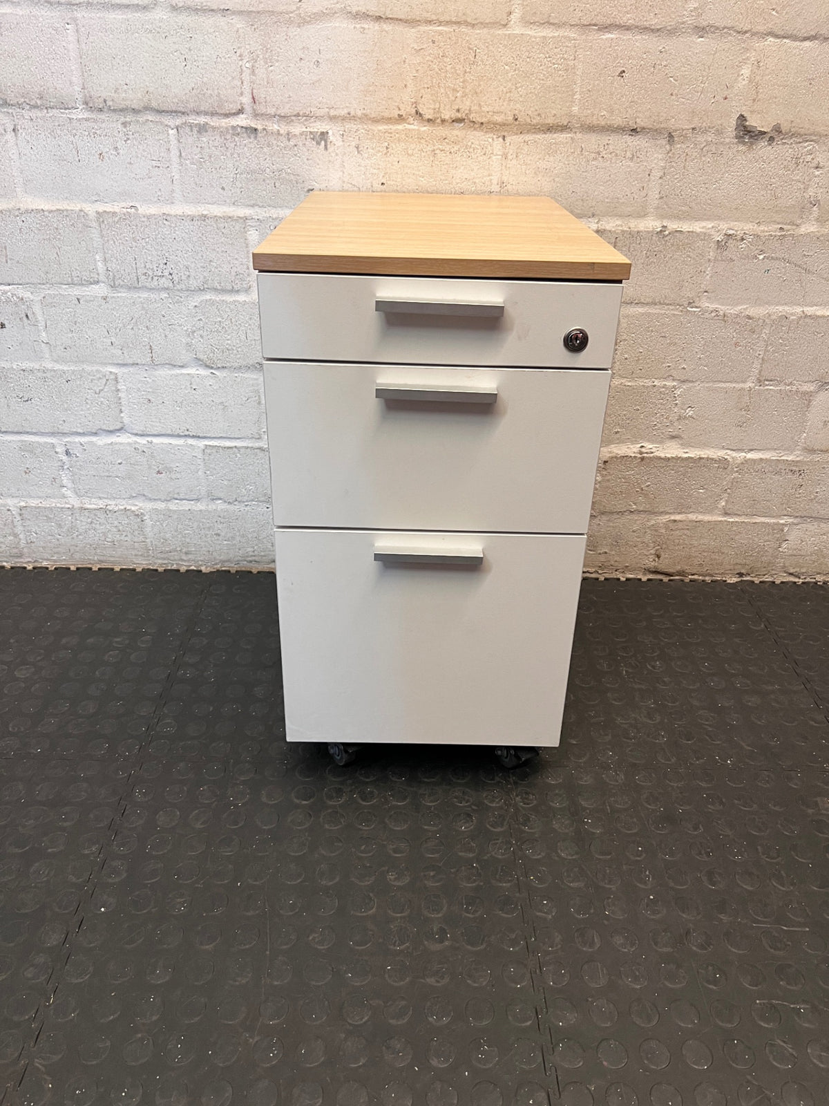 Three-Drawer Mobile Office Pedestal with Wood-Look Top – main front view