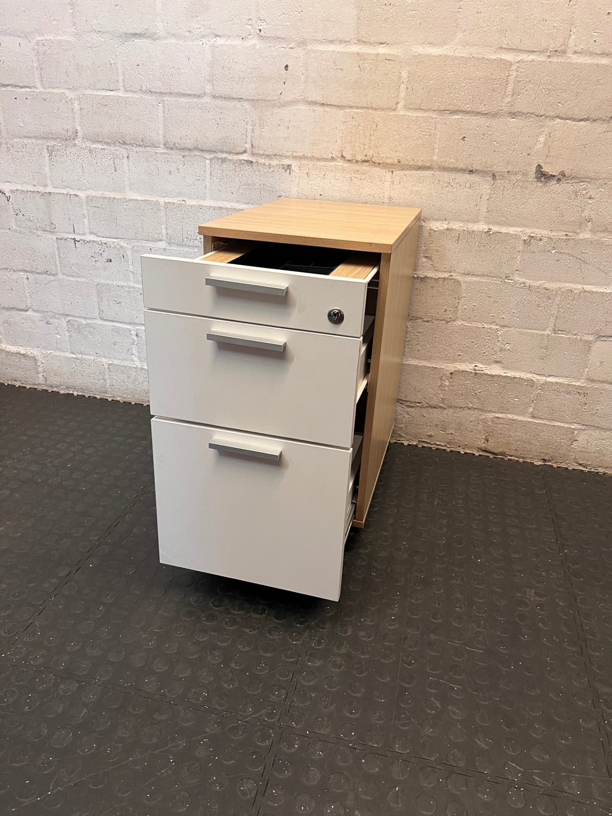 Three-Drawer Mobile Office Pedestal with Wood-Look Top – side view