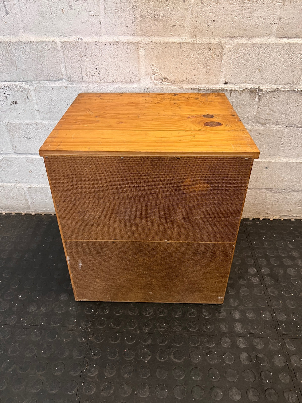 Three-Drawer Wooden Bedside Table — Fair Condition – back view