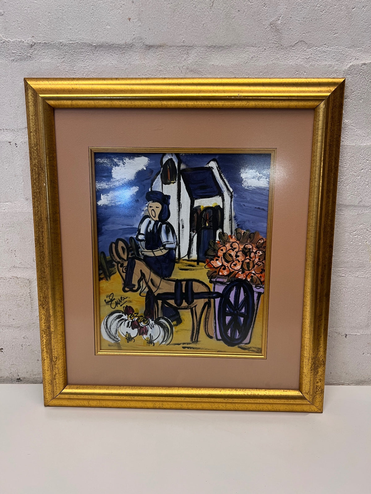 Framed Folk-Style Donkey Cart Painting in Gold Frame – main front view