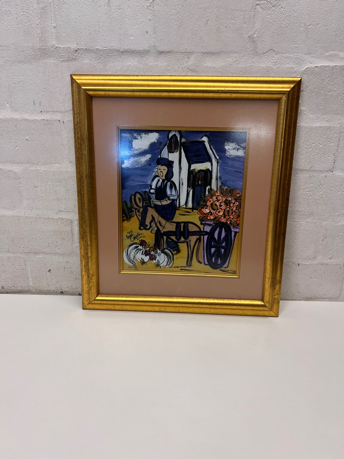 Framed Folk-Style Donkey Cart Painting in Gold Frame – side view