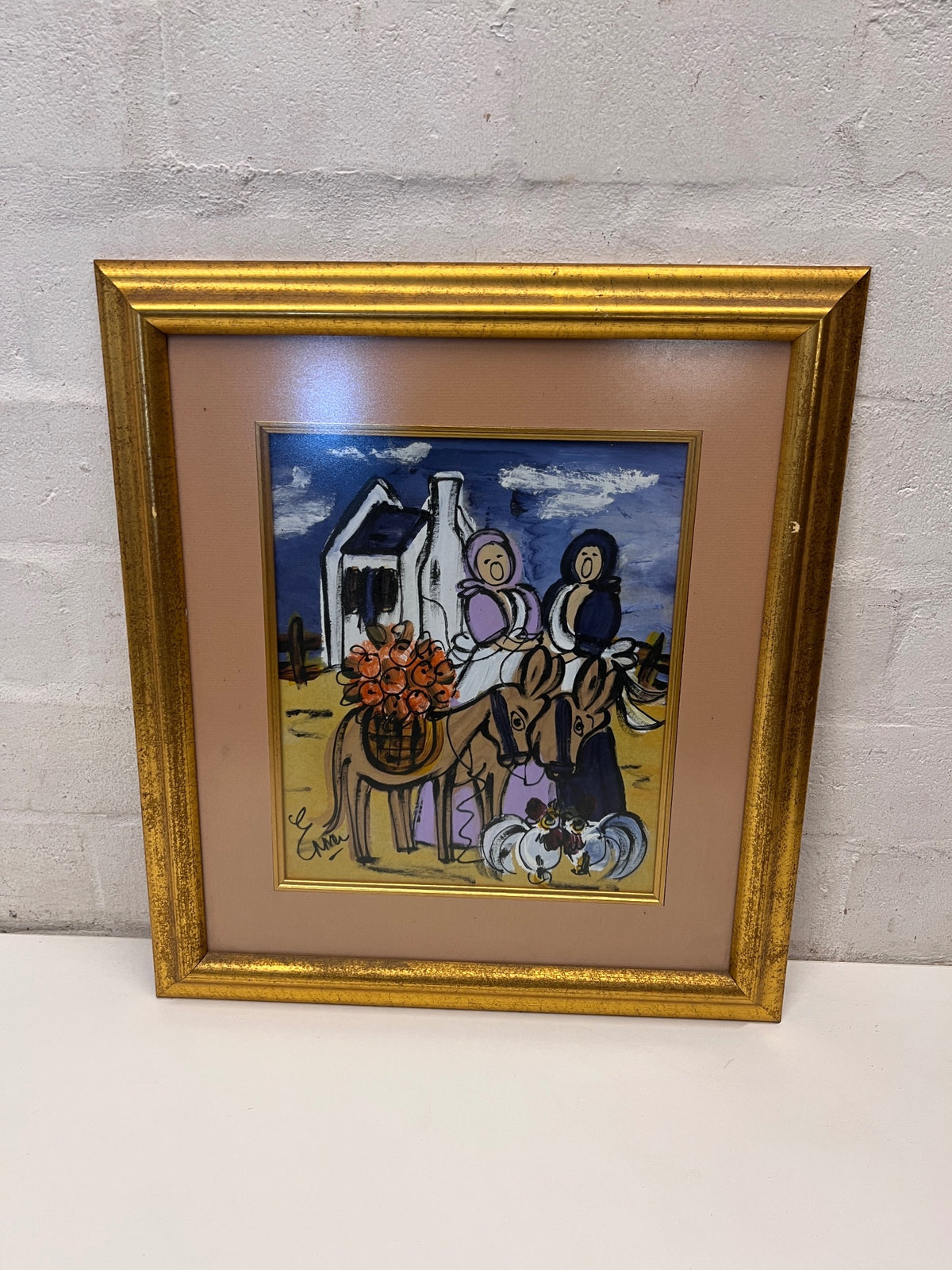 Framed Folk Art Style Cape Farm Painting – side view