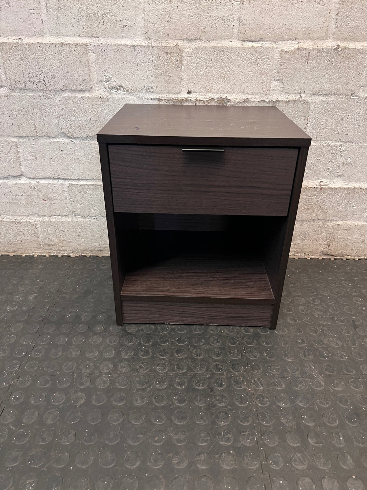 Dark Wood Grain Bedside Table with Drawer – main front view