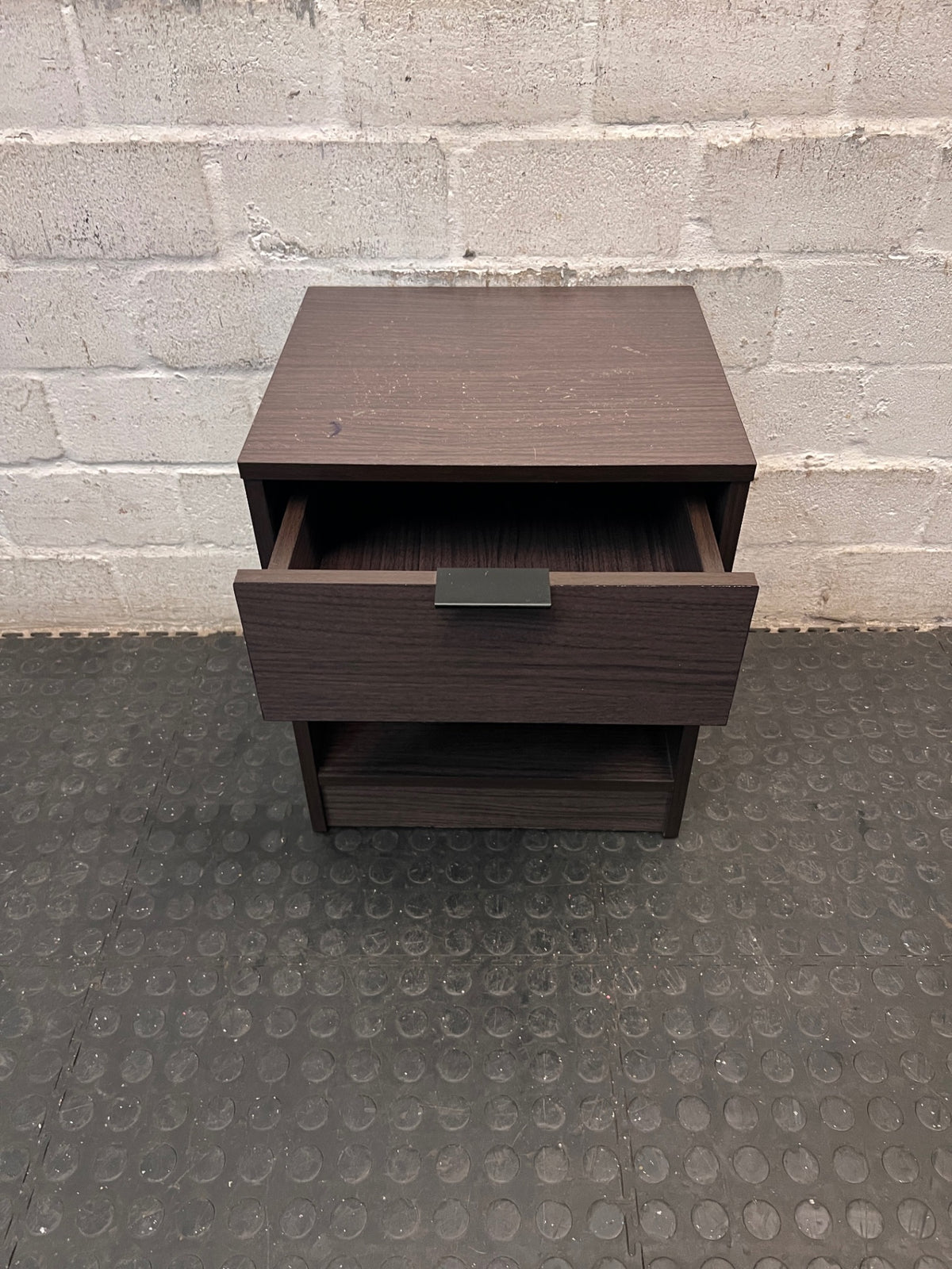 Dark Wood Grain Bedside Table with Drawer – side view