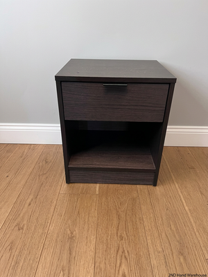 Dark Wood Grain Bedside Table with Drawer – styled product image