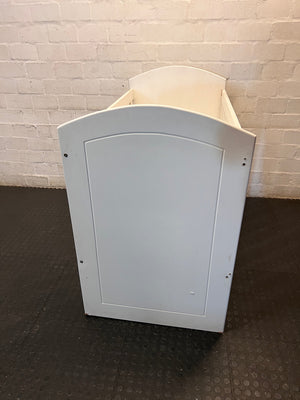White Wooden Baby Cot with Storage Drawers — Used; Fair Condition; Large Unit – back view