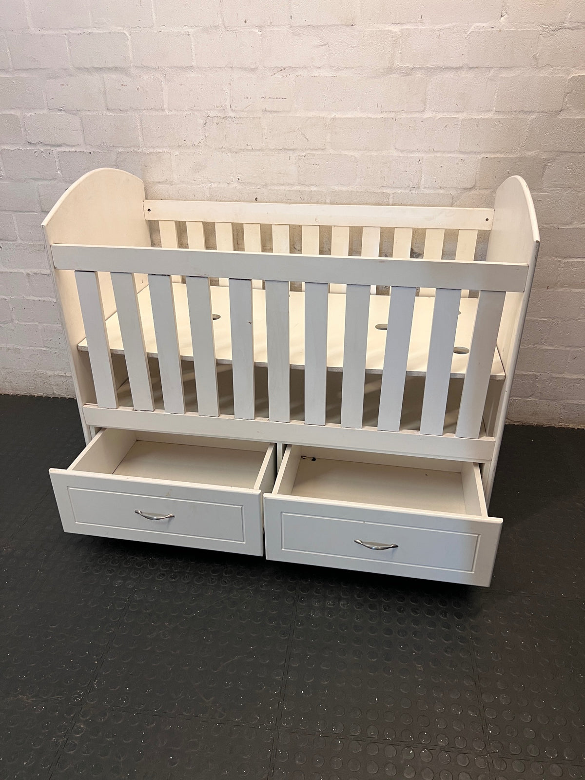 White Wooden Baby Cot with Storage Drawers — Used; Fair Condition; Large Unit – condition detail