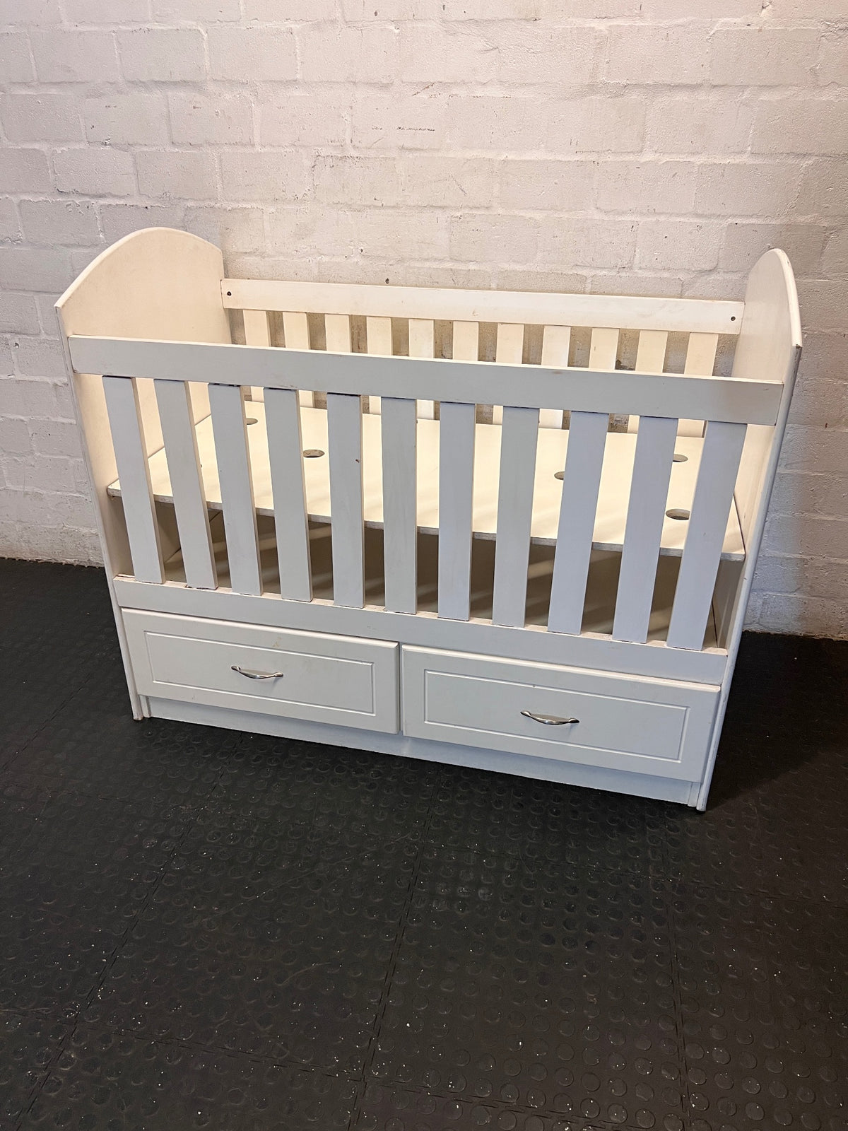 White Wooden Baby Cot with Storage Drawers — Used; Fair Condition; Large Unit – main front view
