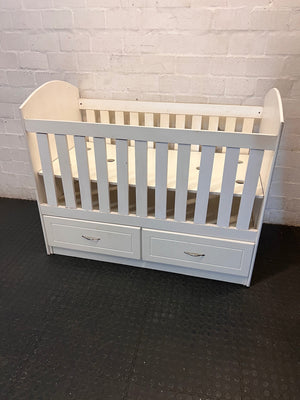 White Wooden Baby Cot with Storage Drawers — Used; Fair Condition; Large Unit – main front view