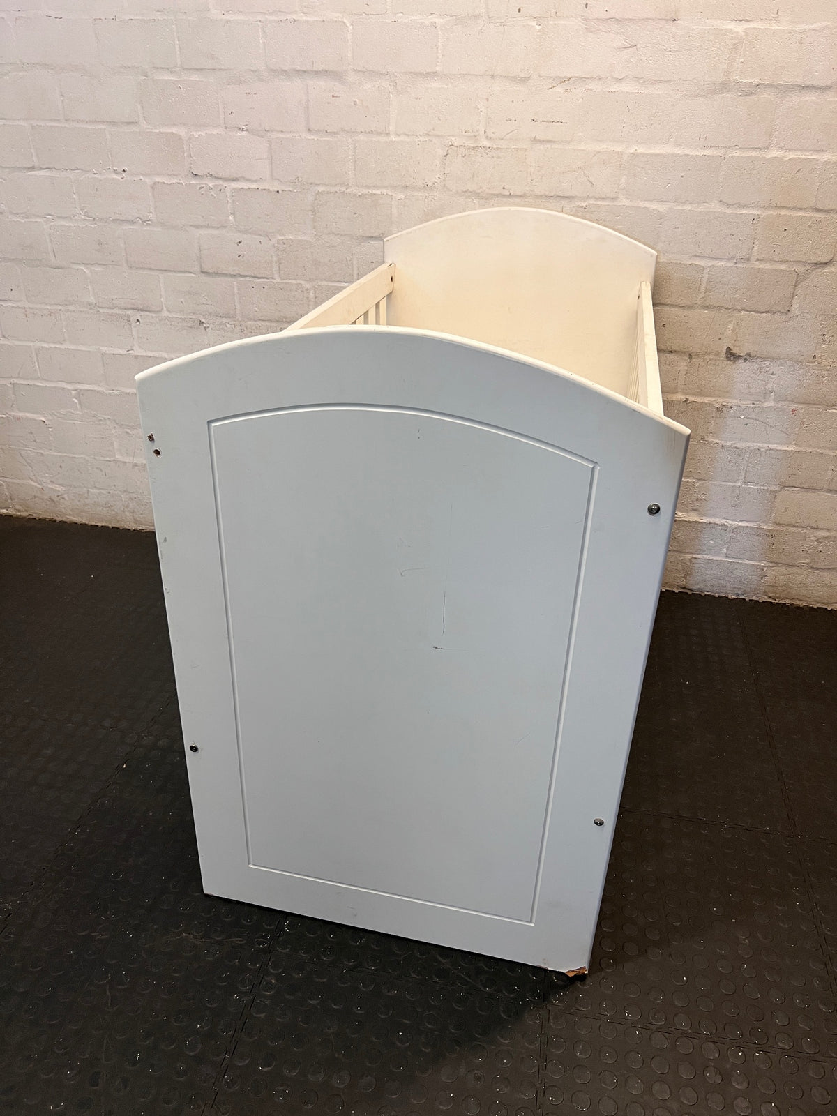 White Wooden Baby Cot with Storage Drawers — Used; Fair Condition; Large Unit – side view