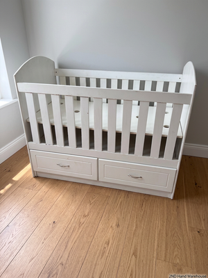 White Wooden Baby Cot with Storage Drawers — Used; Fair Condition; Large Unit – styled product image
