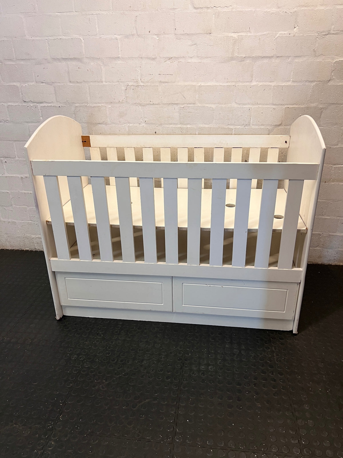 White Wooden Baby Cot with Storage Drawers — Used; Fair Condition; Large Unit – top view