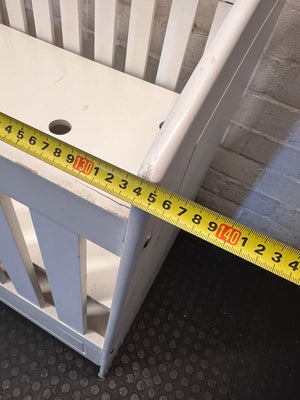 White Wooden Baby Cot with Storage Drawers — Used; Fair Condition; Large Unit – width measurement