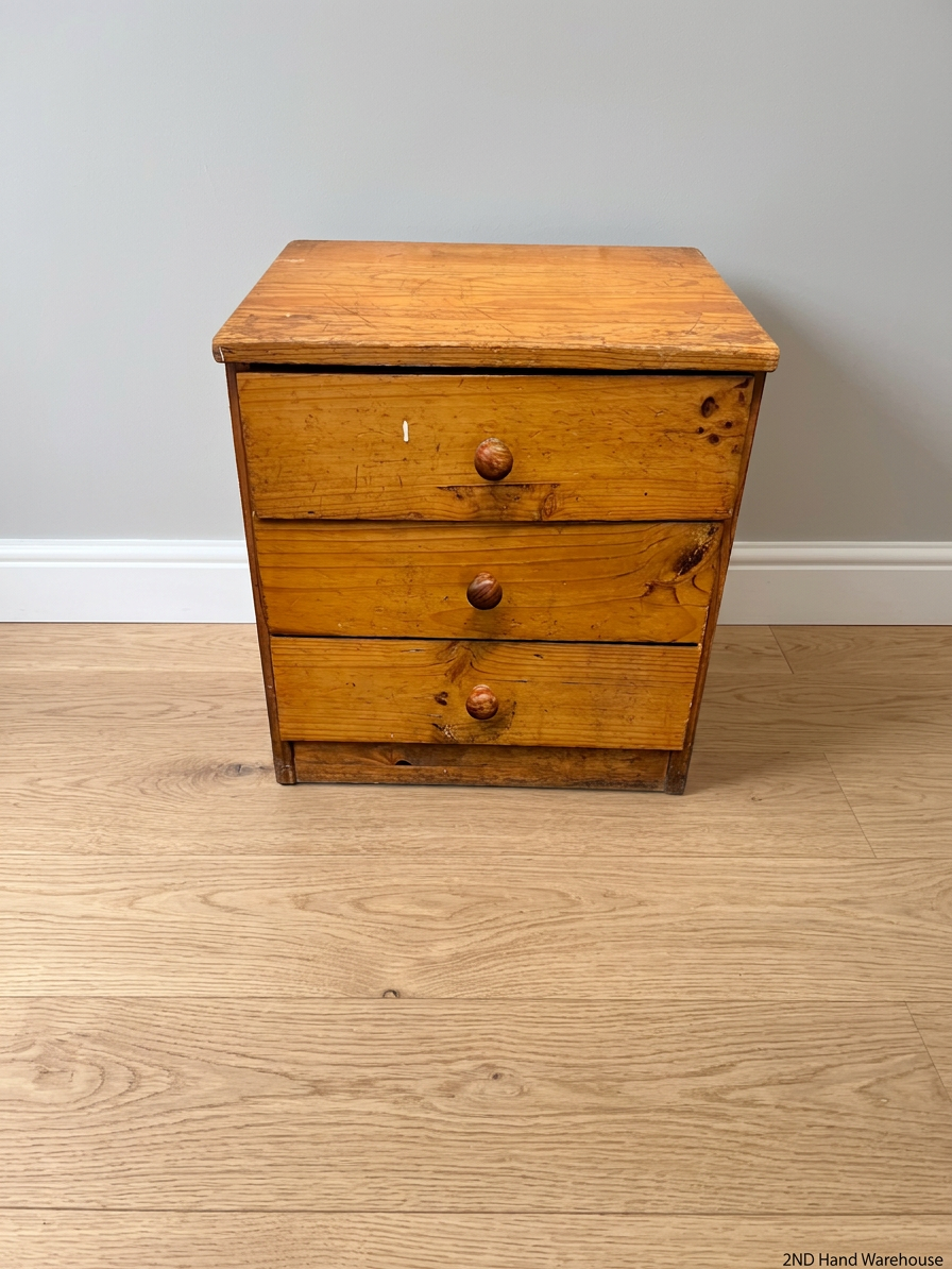 Classic Three-Drawer Wooden Bedside Pedestal — Visible Surface Scratches and Wear