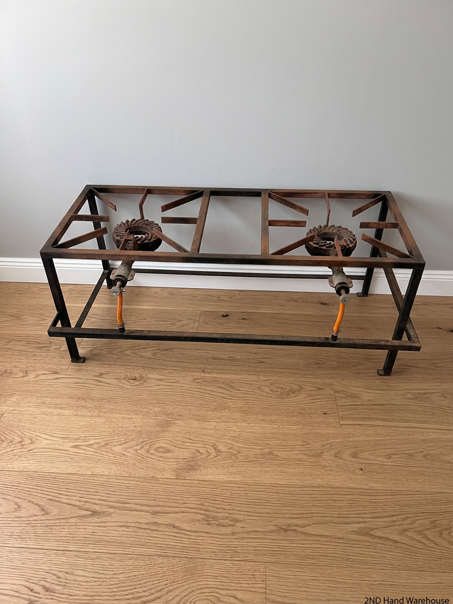 Double Burner Industrial Gas Stove Stand — Surface Rust and Missing Frame Component