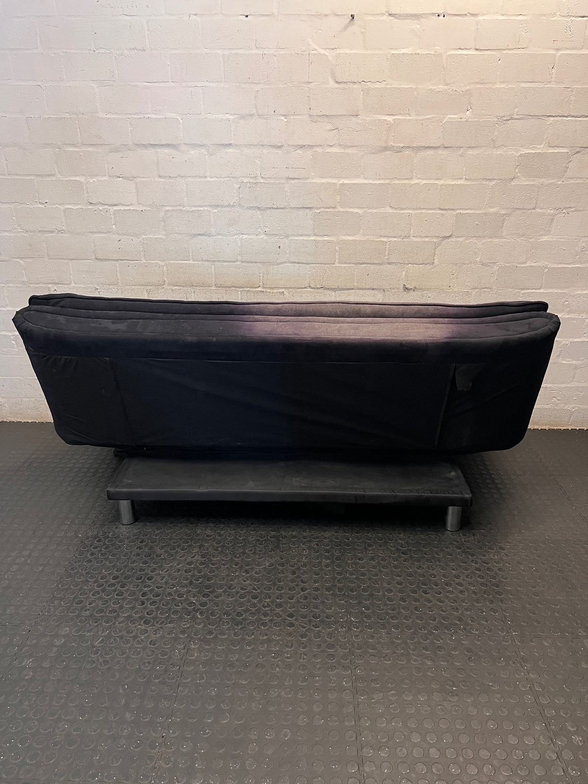 Black Fabric Sleeper Couch with Metallic Legs – back view