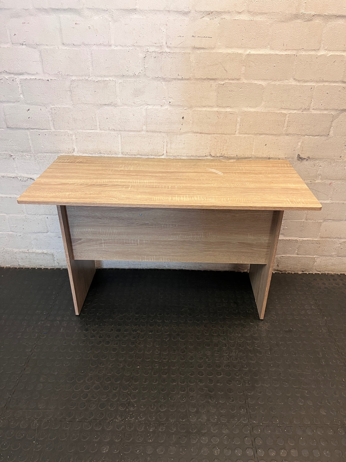 Oak Finish Office Desk with Two Drawers — Fair Condition With Visible Wear – back view