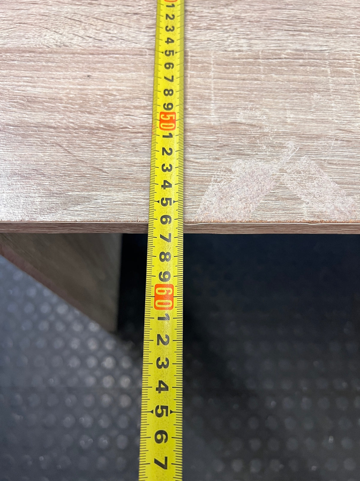 Oak Finish Office Desk with Two Drawers — Fair Condition With Visible Wear – depth measurement