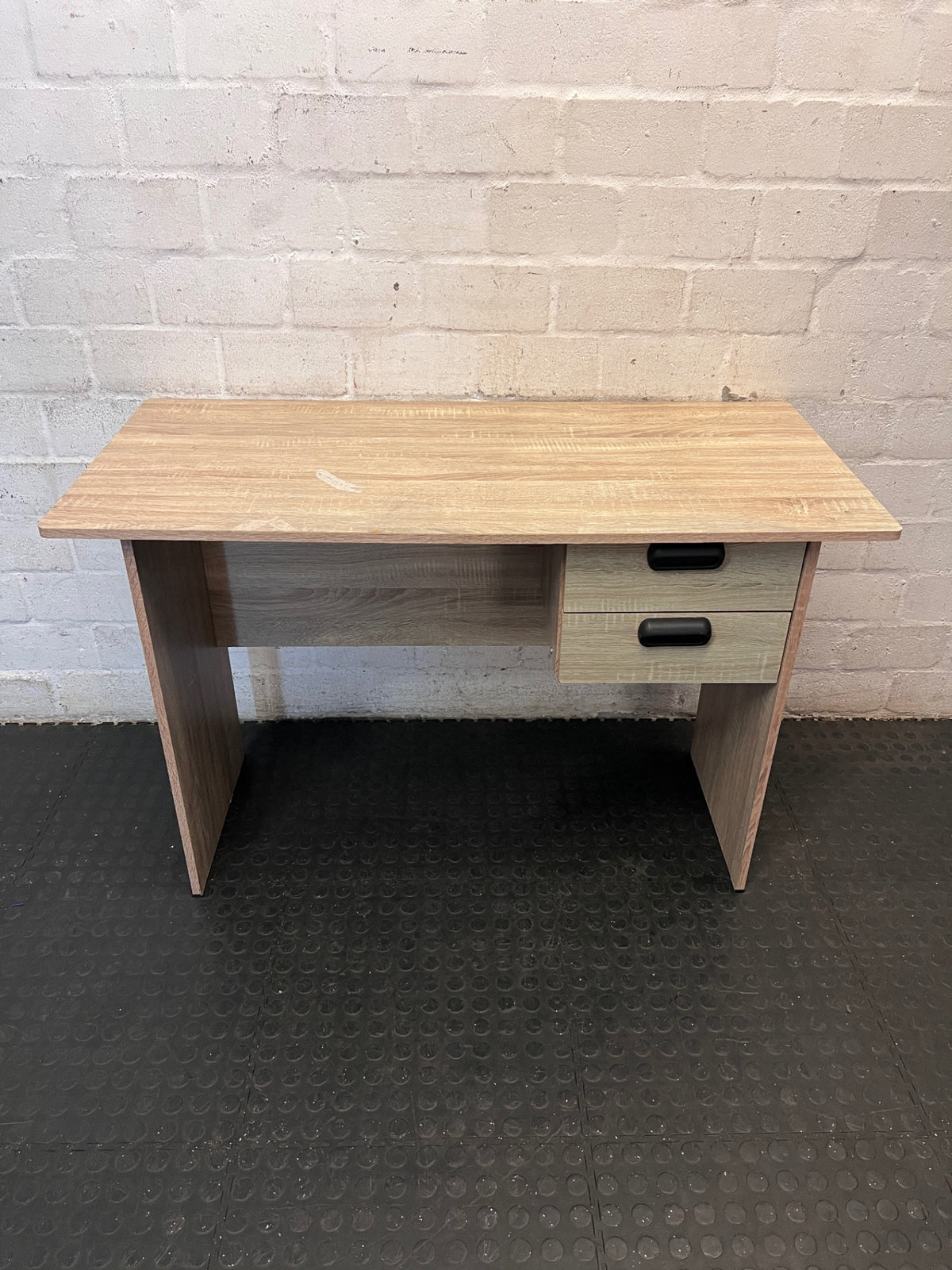 Oak Finish Office Desk with Two Drawers — Fair Condition With Visible Wear – main front view