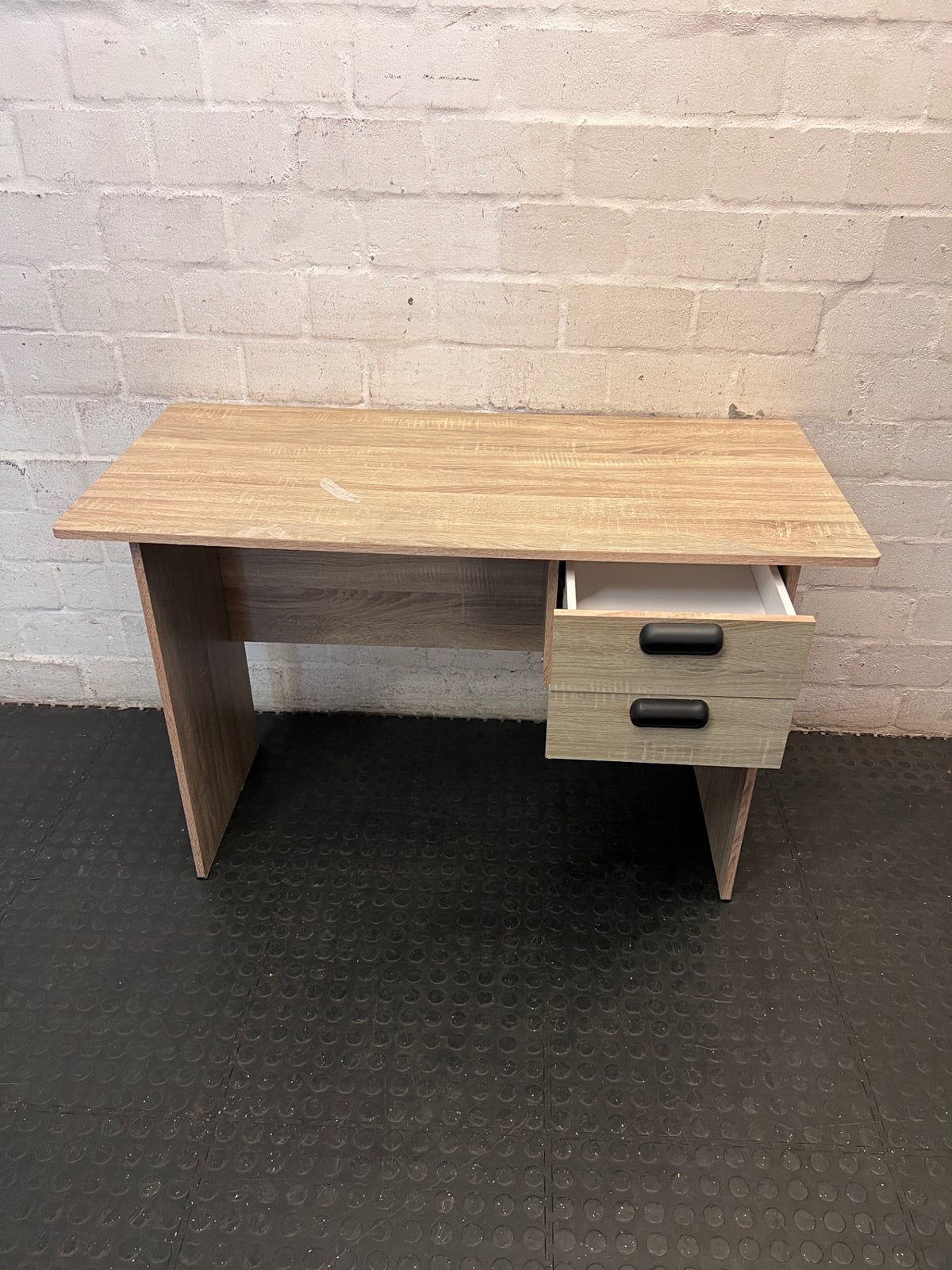 Oak Finish Office Desk with Two Drawers — Fair Condition With Visible Wear – side view