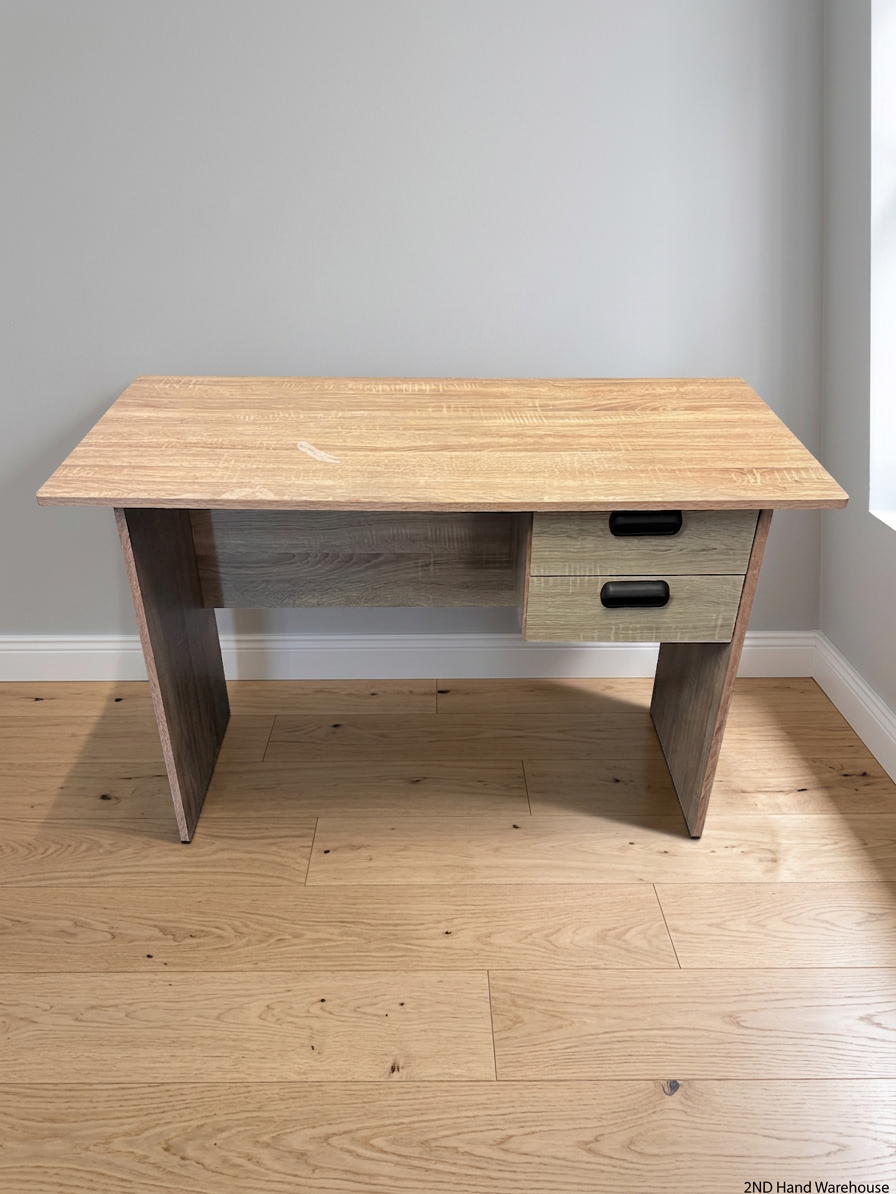 Oak Finish Office Desk with Two Drawers — Fair Condition With Visible Wear – styled product image