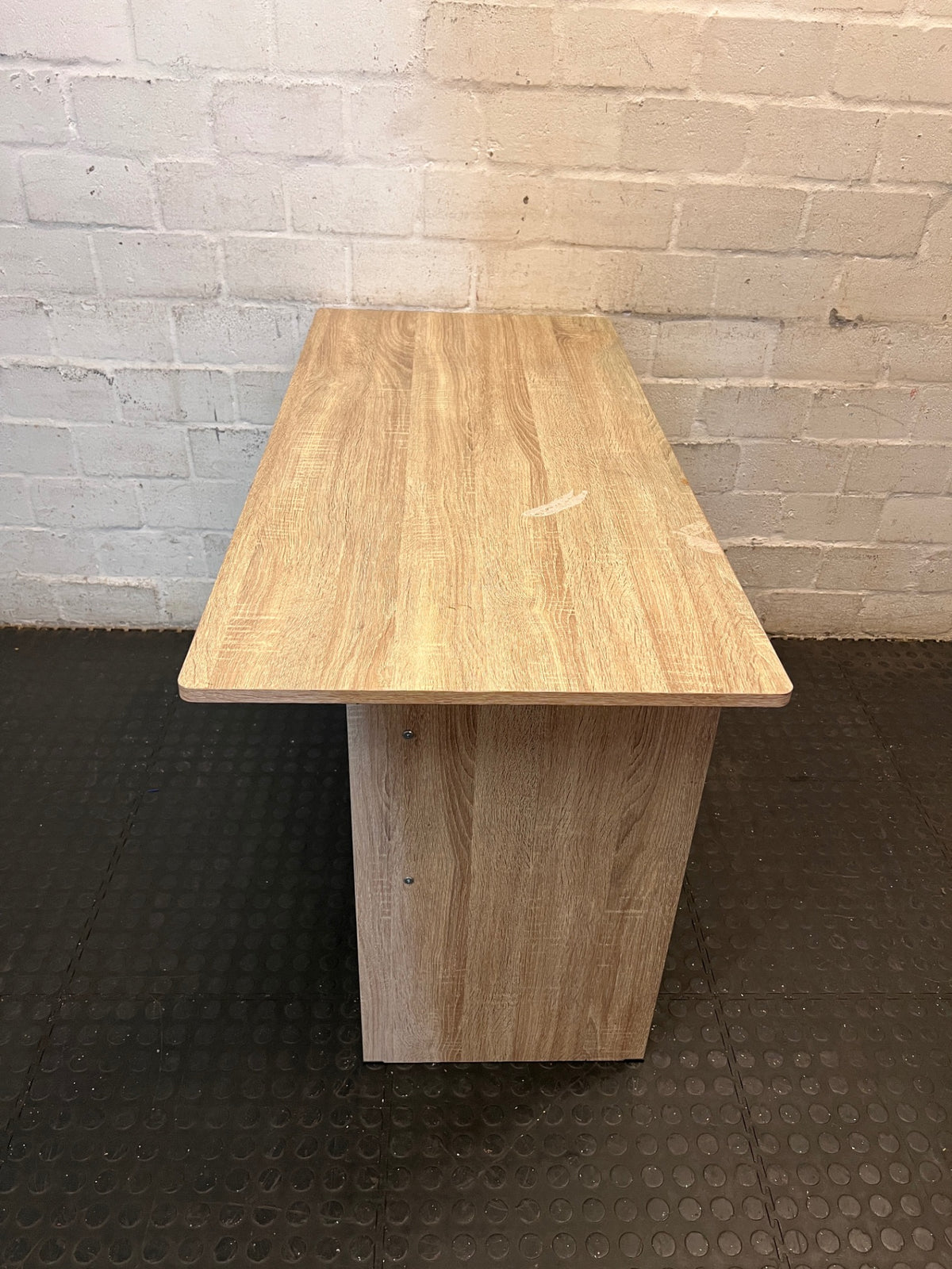 Oak Finish Office Desk with Two Drawers — Fair Condition With Visible Wear – top view