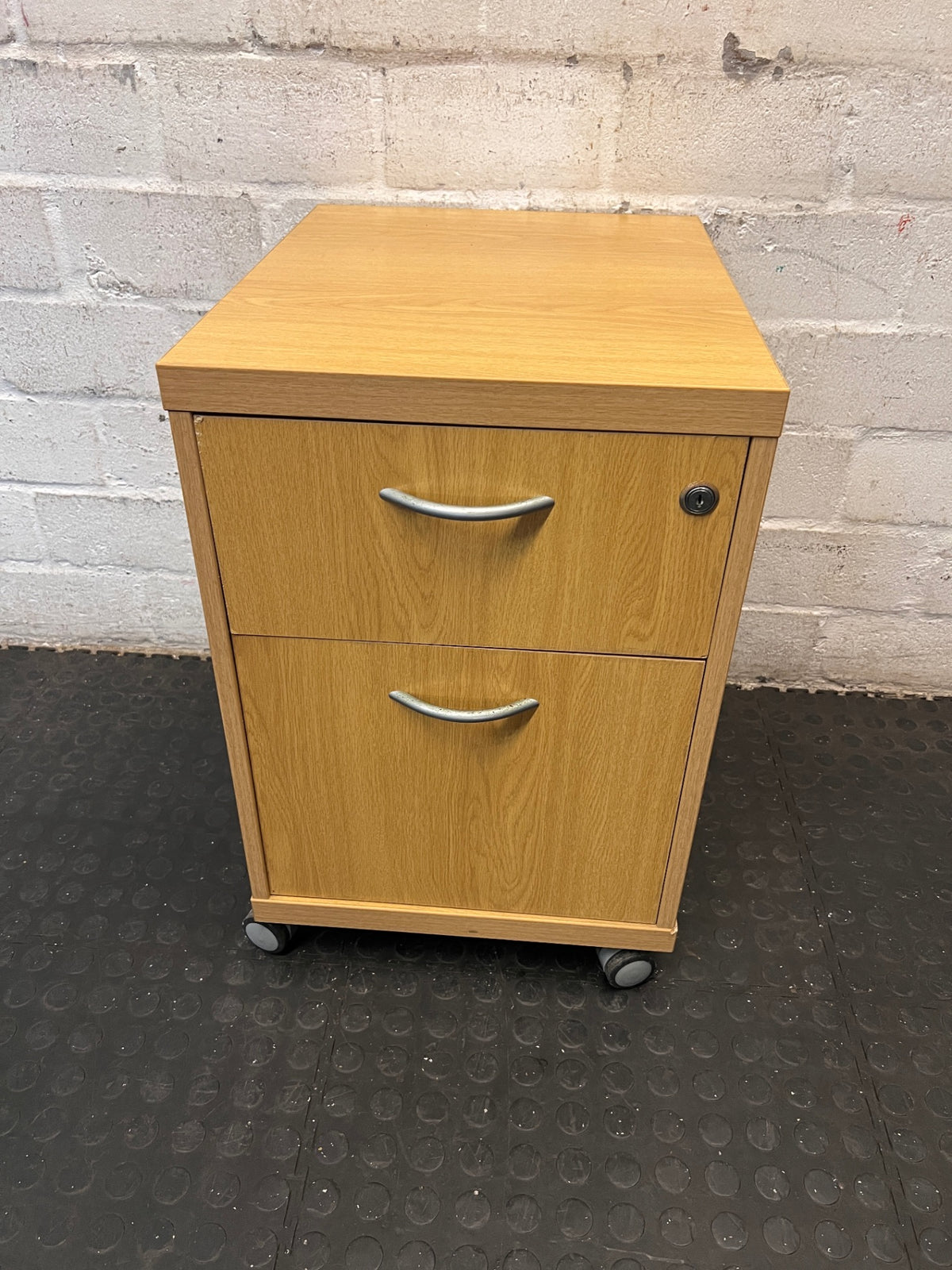 Oak Finish 2-Drawer Mobile Office Pedestal — Used; Fair Condition – main front view