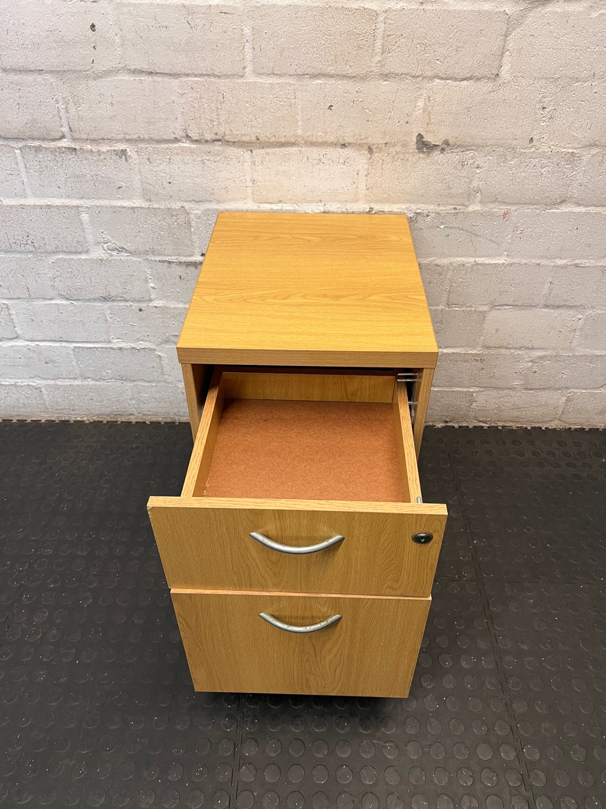 Oak Finish 2-Drawer Mobile Office Pedestal — Used; Fair Condition – side view