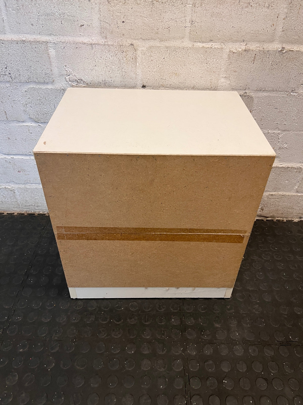 White Two-Drawer Bedside Table with Silver Handles — Scuff Marks on Drawer Front – back view