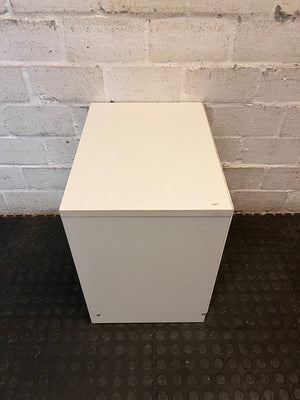White Two-Drawer Bedside Table with Silver Handles — Scuff Marks on Drawer Front – condition detail