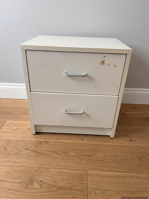 White Two-Drawer Bedside Table with Silver Handles — Scuff Marks on Drawer Front – styled product image
