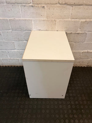White Two-Drawer Bedside Table with Silver Handles — Scuff Marks on Drawer Front – top view