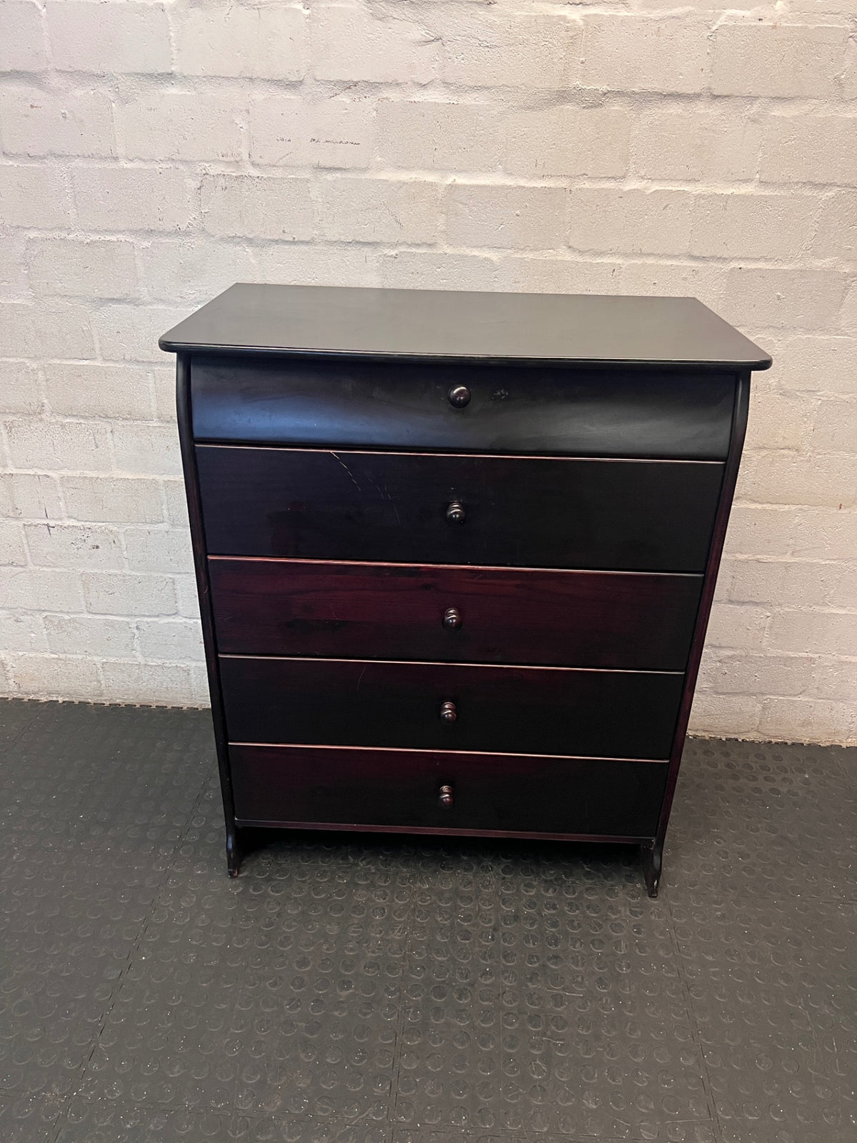Classic Dark Brown 5-Drawer Sleigh Chest of Drawers — Fair Used Condition – main front view