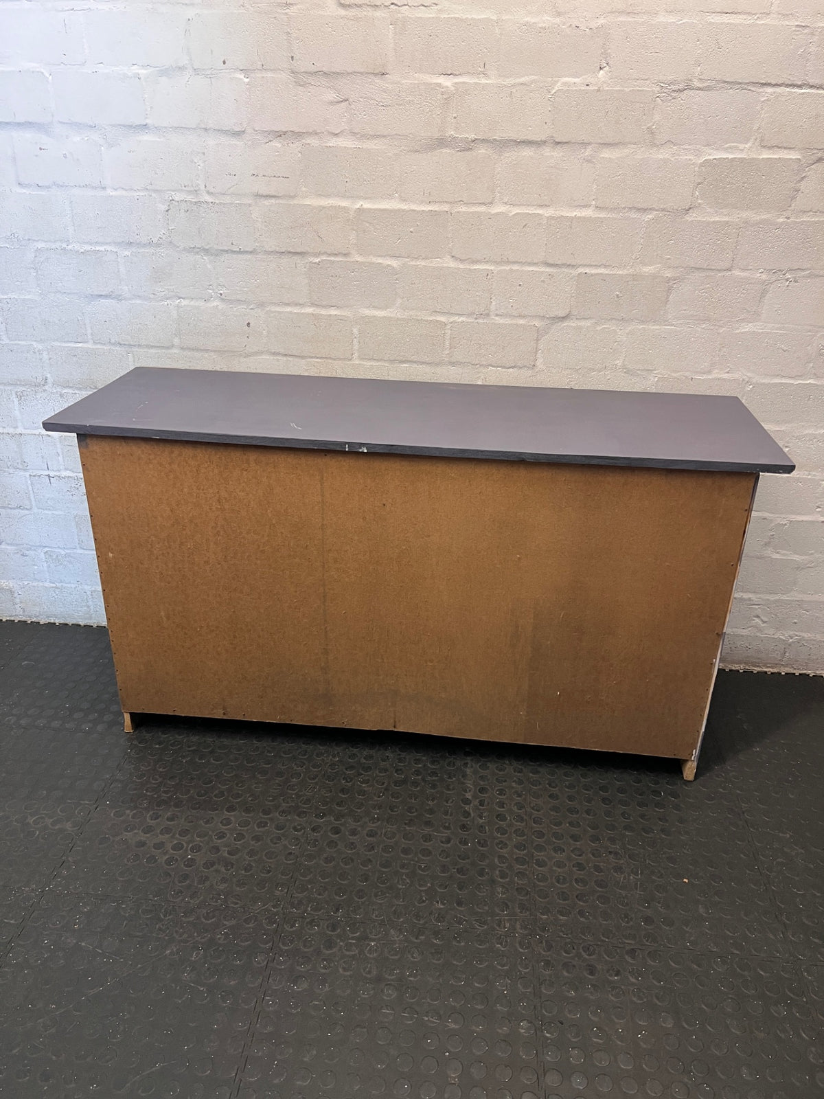 Grey Three-Door Sideboard with Brass-Toned Handles — Well Used with Significant Wear – back view