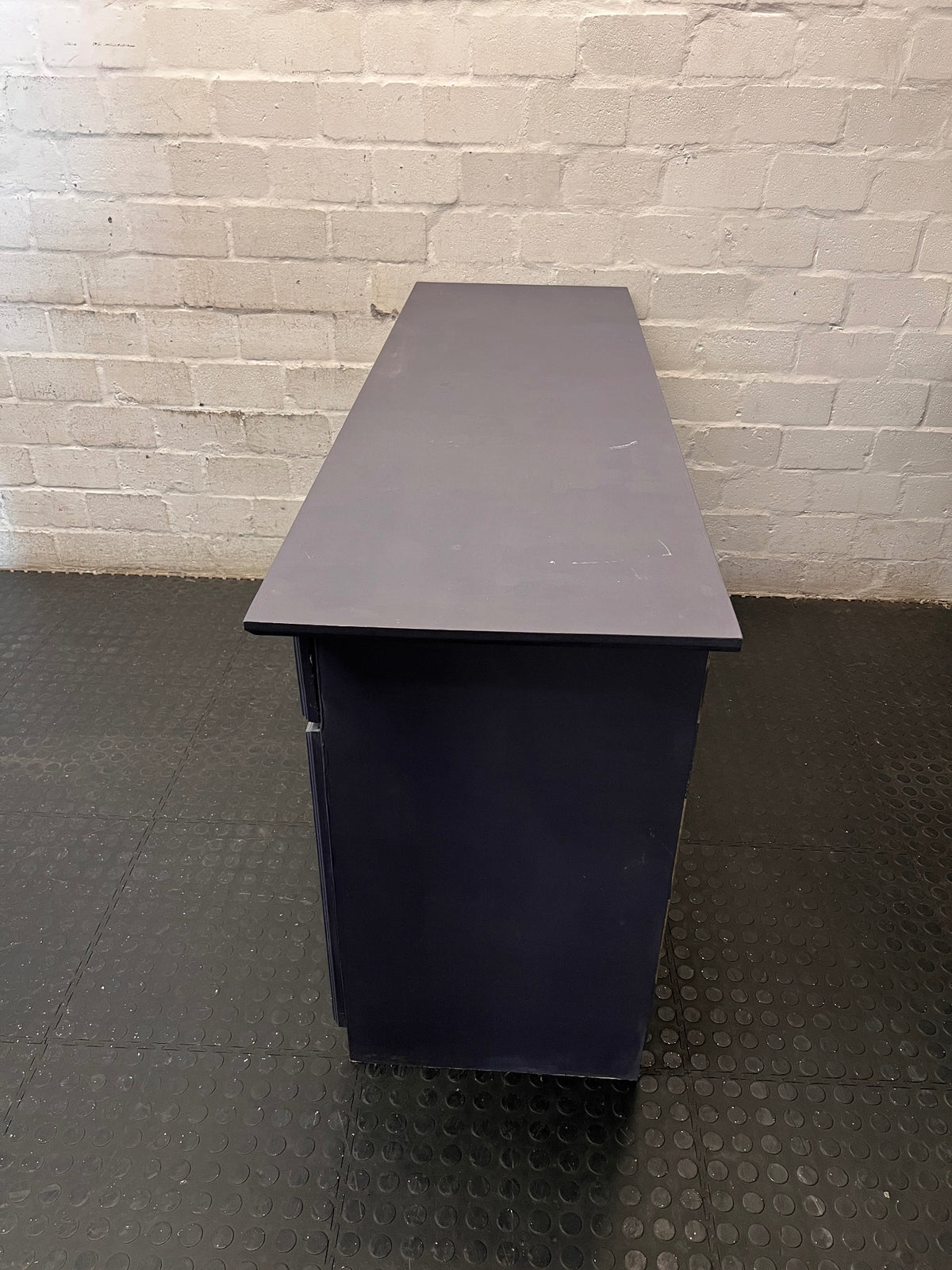 Grey Three-Door Sideboard with Brass-Toned Handles — Well Used with Significant Wear – condition detail
