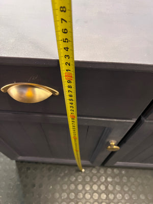 Grey Three-Door Sideboard with Brass-Toned Handles — Well Used with Significant Wear – height measurement