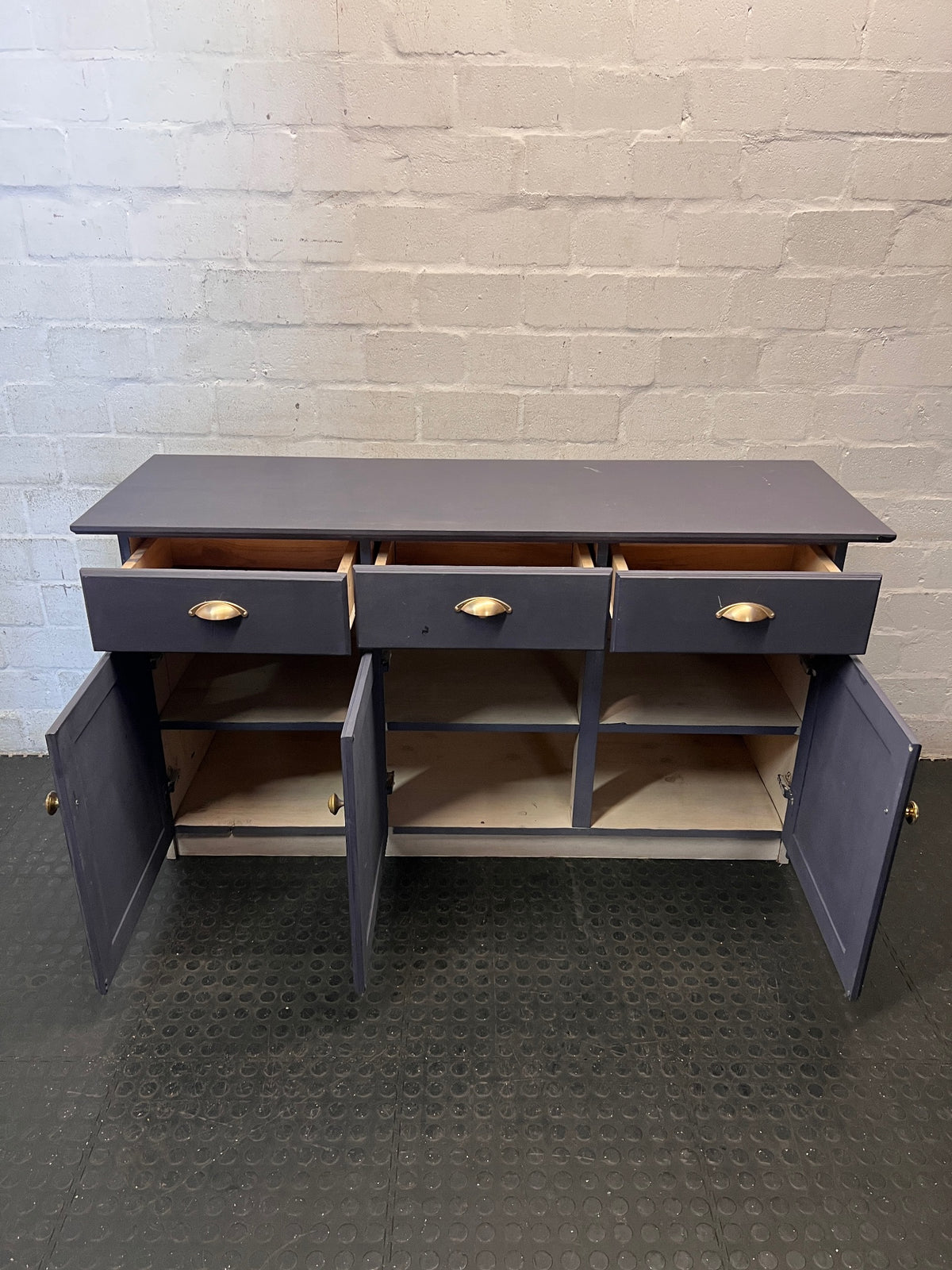 Grey Three-Door Sideboard with Brass-Toned Handles — Well Used with Significant Wear – side view
