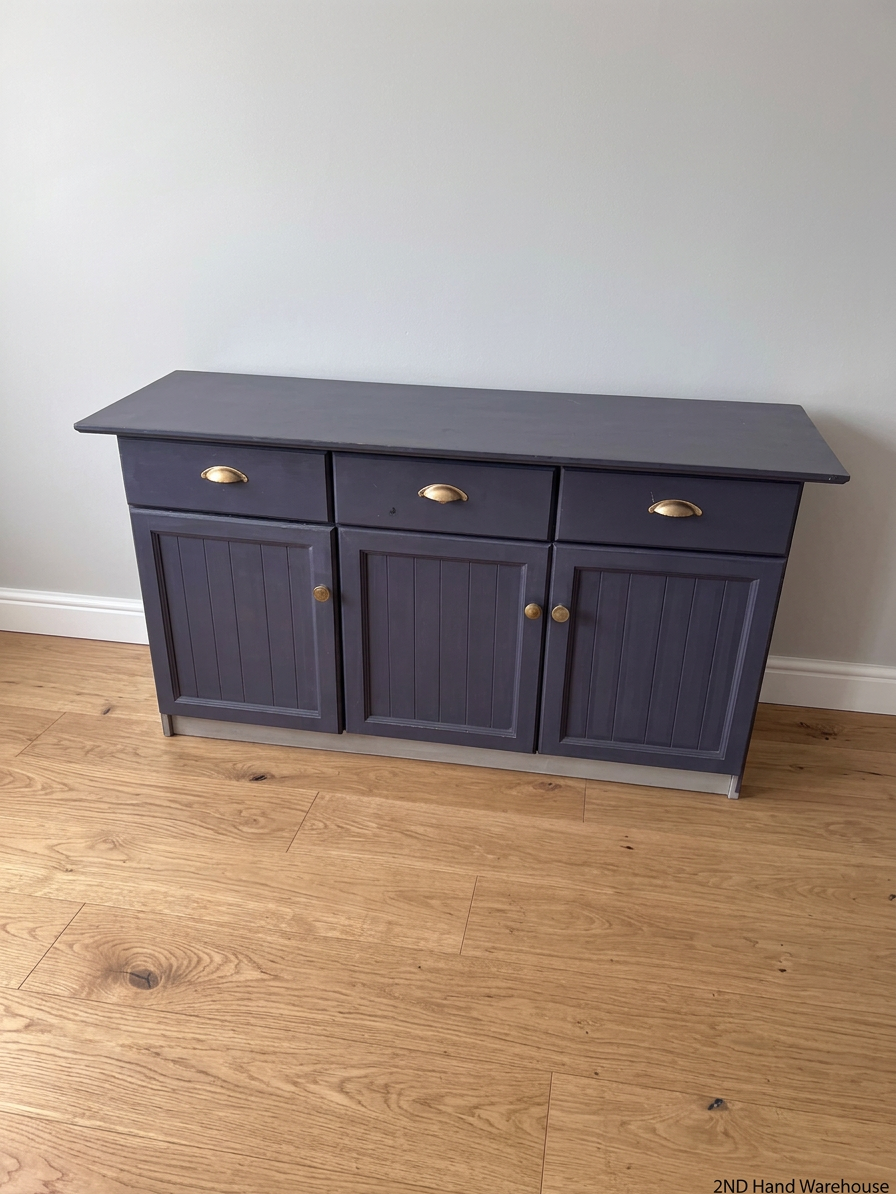 Grey Three-Door Sideboard with Brass-Toned Handles — Well Used with Significant Wear – styled product image