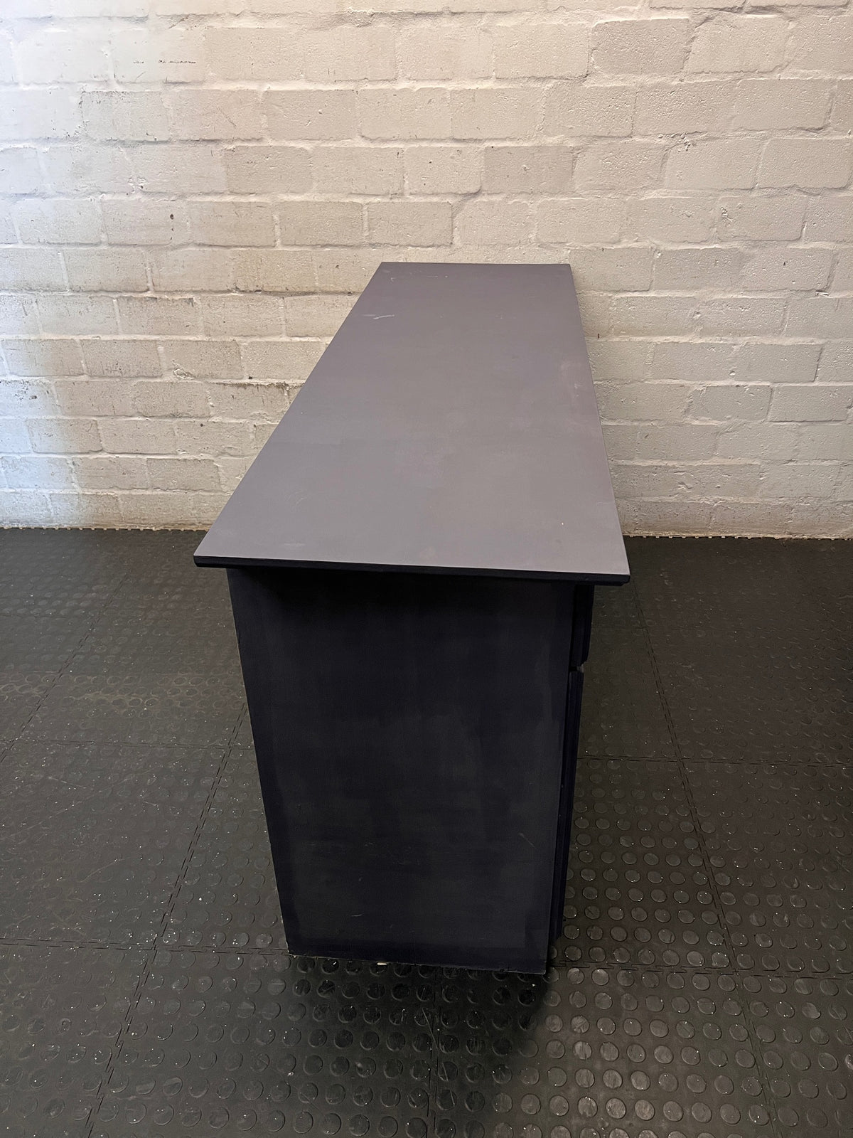 Grey Three-Door Sideboard with Brass-Toned Handles — Well Used with Significant Wear – top view