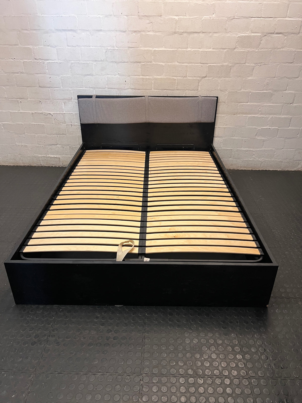Modern Double Bed Frame with Padded Headboard — Good Working Order – main front view