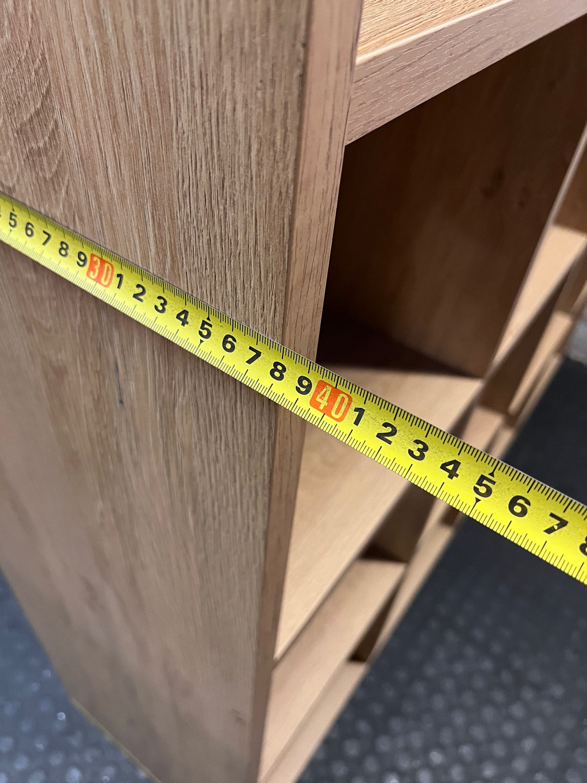 Large 20-Compartment Oak Finish Shelving Unit — Good Working Order – depth measurement