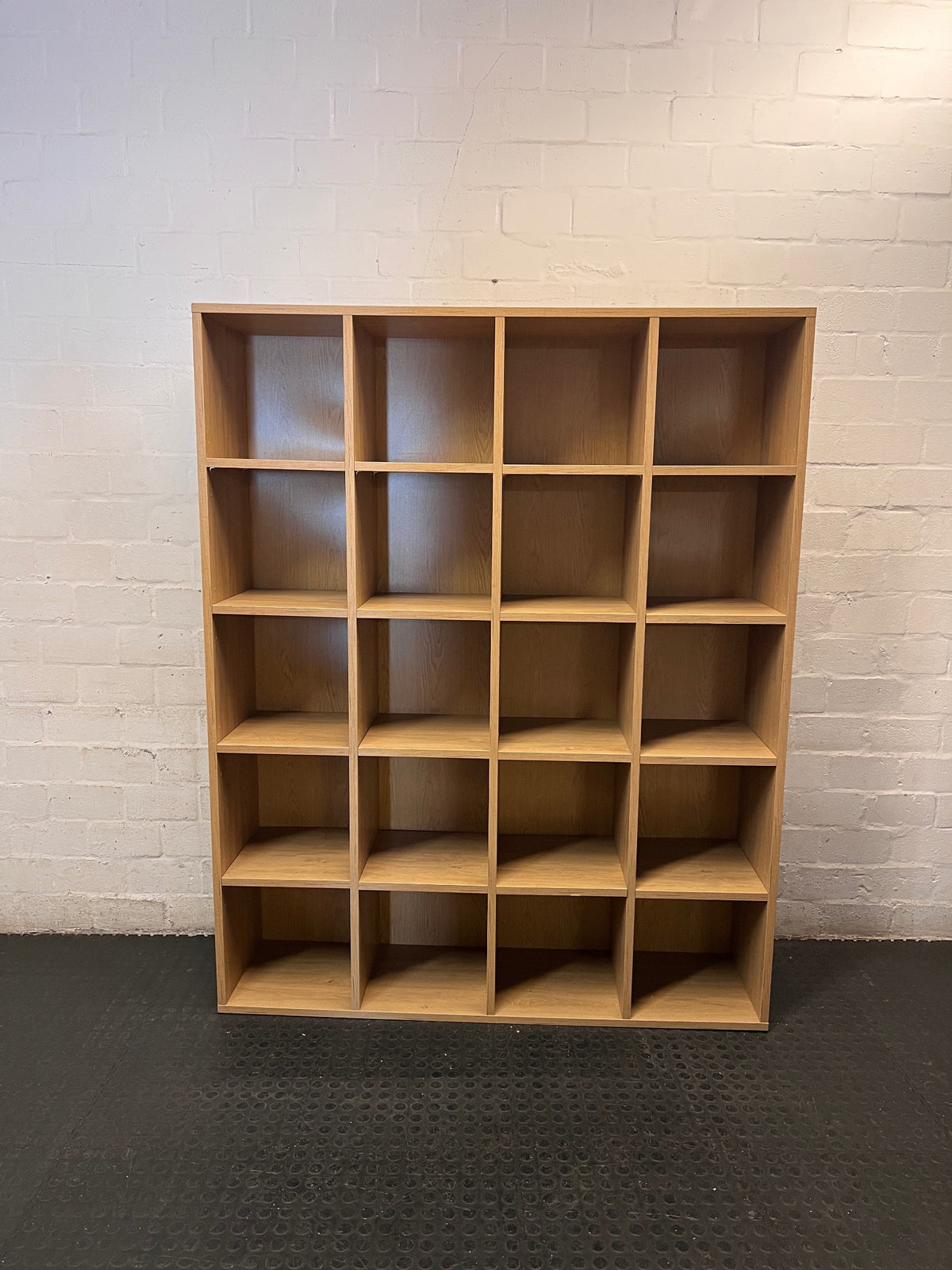 Large 20-Compartment Oak Finish Shelving Unit — Good Working Order – main front view