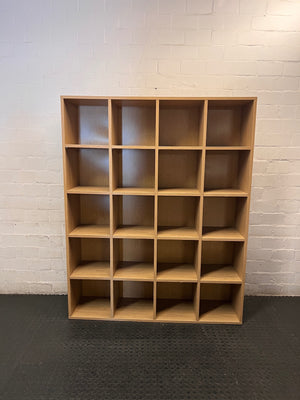 Large 20-Compartment Oak Finish Shelving Unit — Good Working Order – main front view