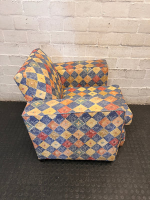 Upholstered Harlequin Pattern Tub Chair — Used Condition – back view