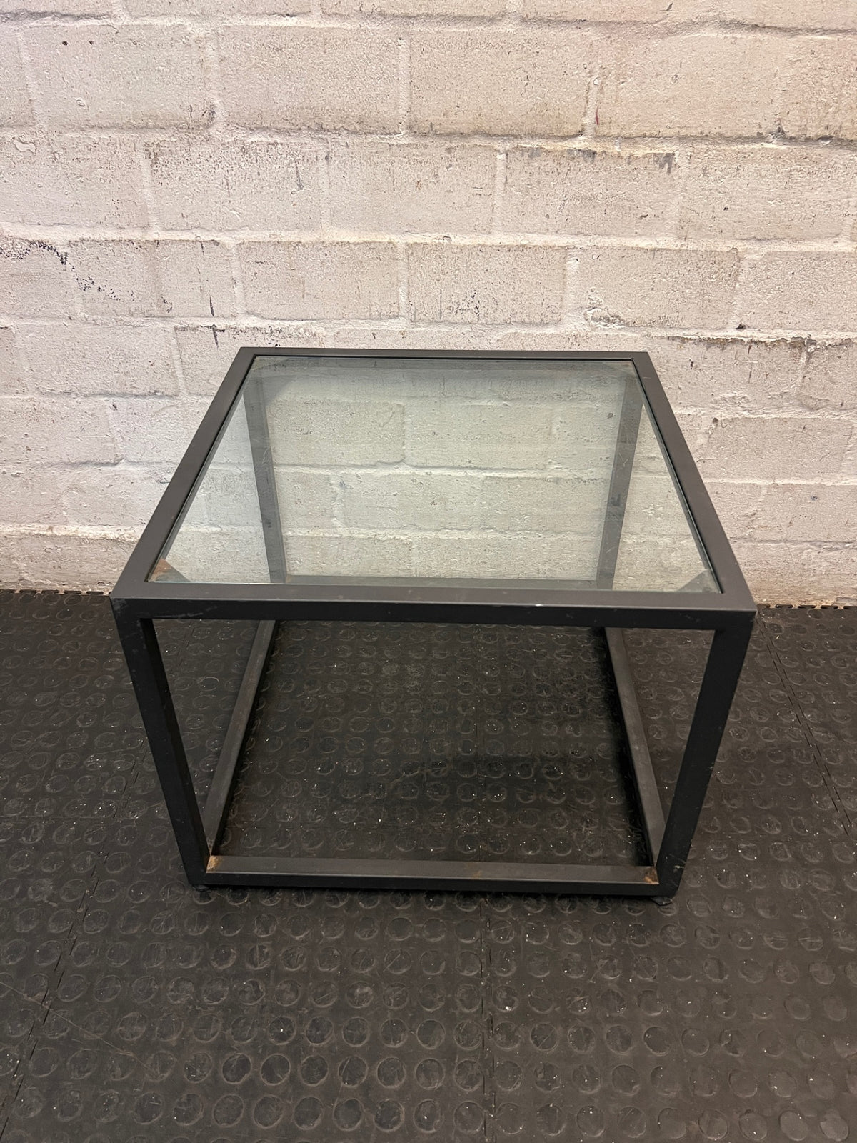 Black Metal Square Side Table with Glass Top — Used Condition – back view