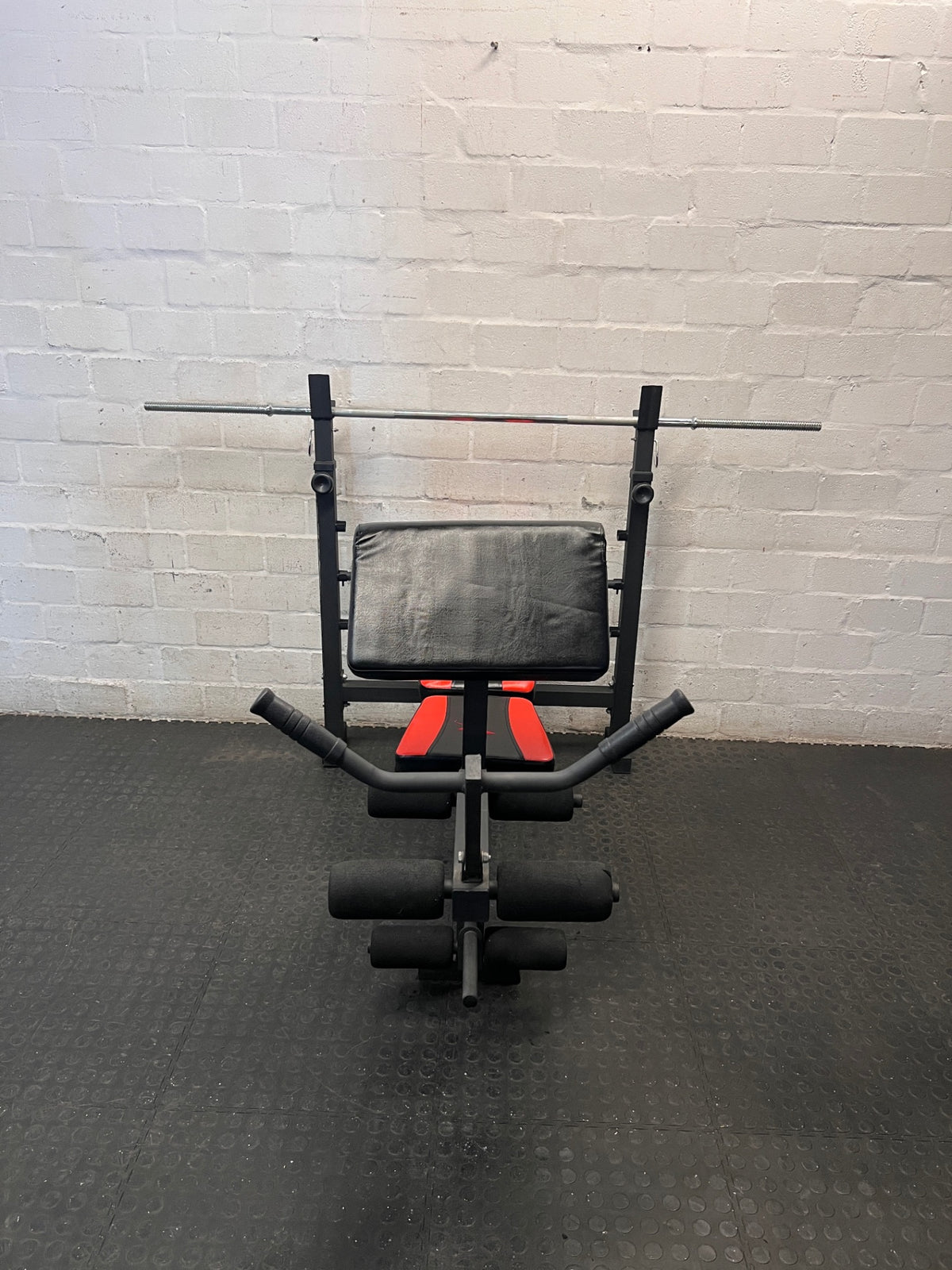Maxed Performance Multi-Function Weight Bench with Barbell — Very Good Condition – back view